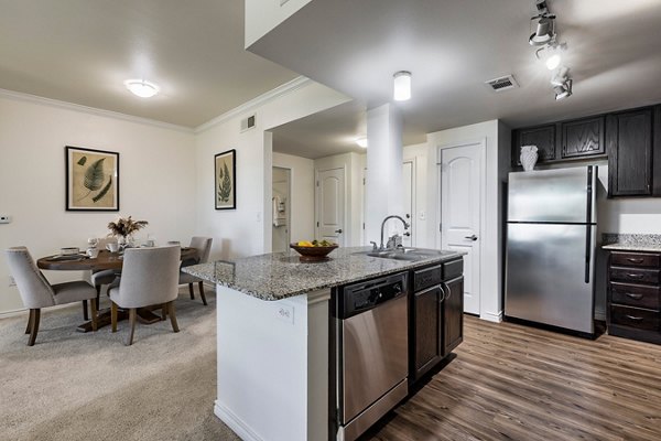 Modern kitchen with stainless steel appliances at Aviva Fort Worth Apartments