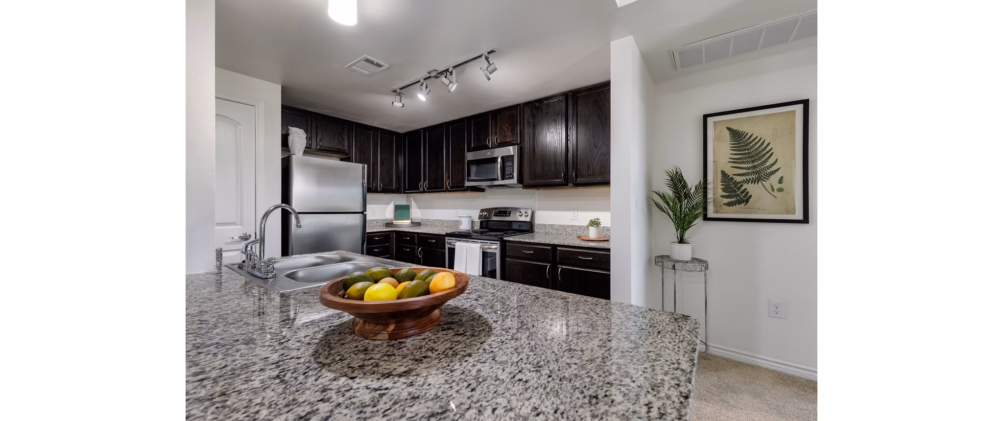 Kitchen featuring modern appliances and quartz countertops at Aviva Fort Worth Apartments