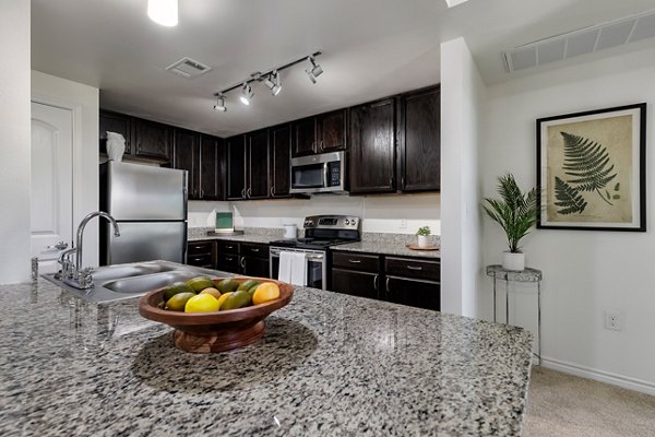 Kitchen featuring modern appliances and quartz countertops at Aviva Fort Worth Apartments