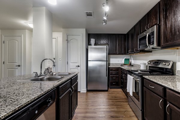 Modern kitchen with stainless steel appliances at Aviva Fort Worth Apartments