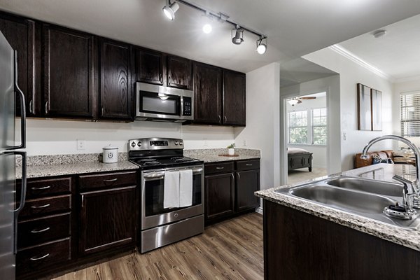 Modern kitchen with stainless steel appliances and granite countertops at Aviva Fort Worth Apartments