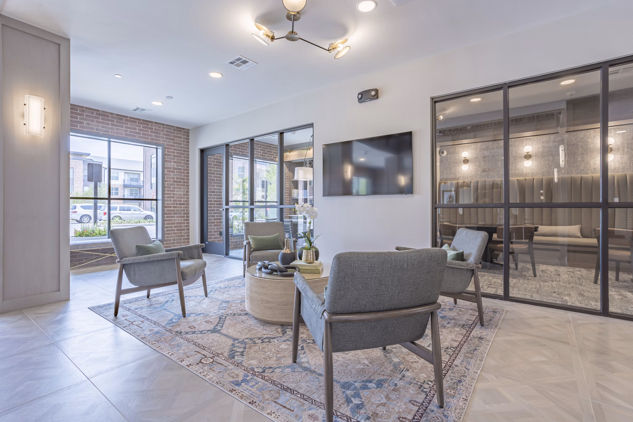 Clubhouse featuring contemporary design and communal seating in Filament Apartments