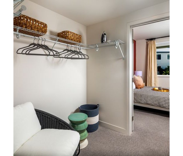 Spacious closet with built-in shelving in Paloma Apartments