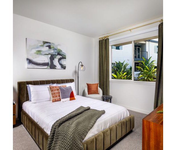 Cozy bedroom with modern decor in Paloma Apartments featuring luxurious bedding and ample natural light