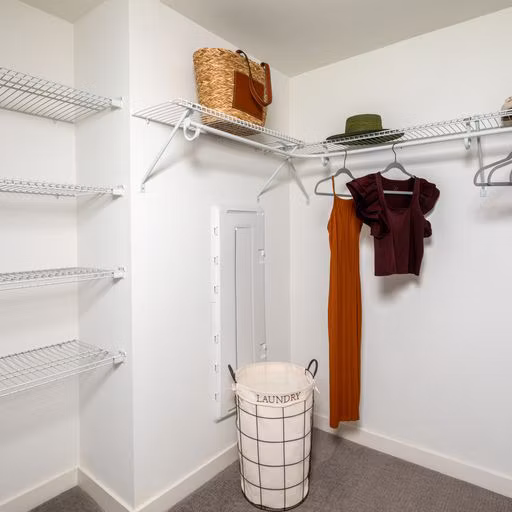 Spacious walk-in closet with custom shelving in a luxury apartment at Paloma Apartments