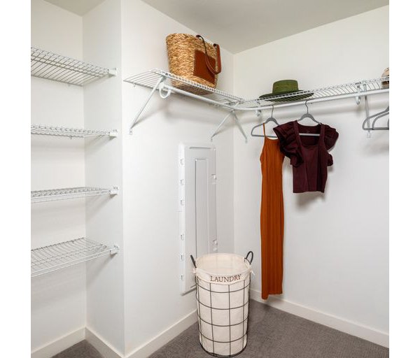 Spacious walk-in closet with custom shelving in a luxury apartment at Paloma Apartments