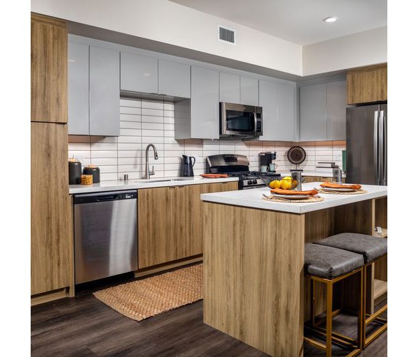 Modern kitchen with sleek countertops and stainless steel appliances in Paloma Apartments