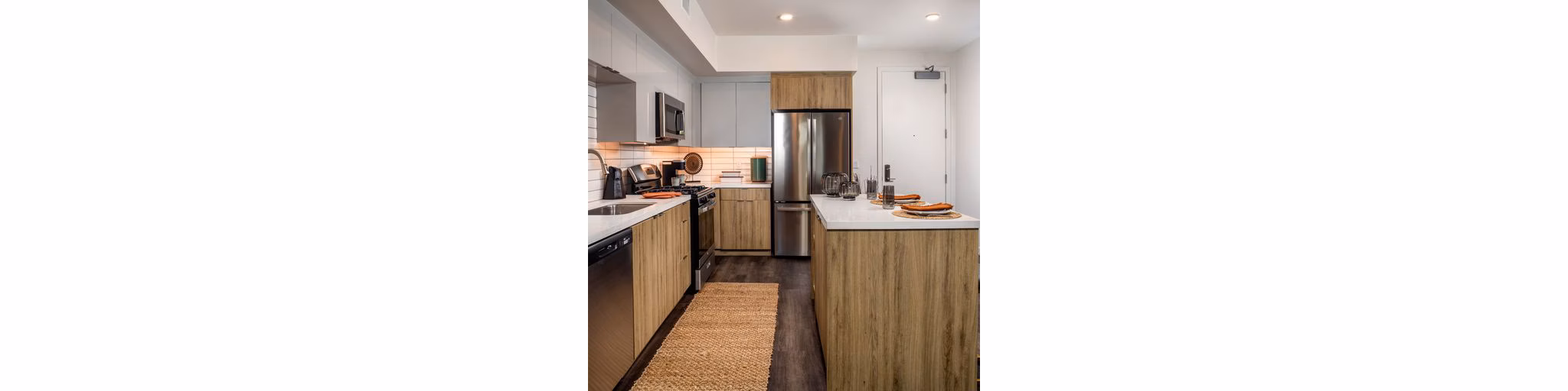 Modern kitchen featuring sleek countertops and stainless steel appliances in Paloma Apartments for luxury living