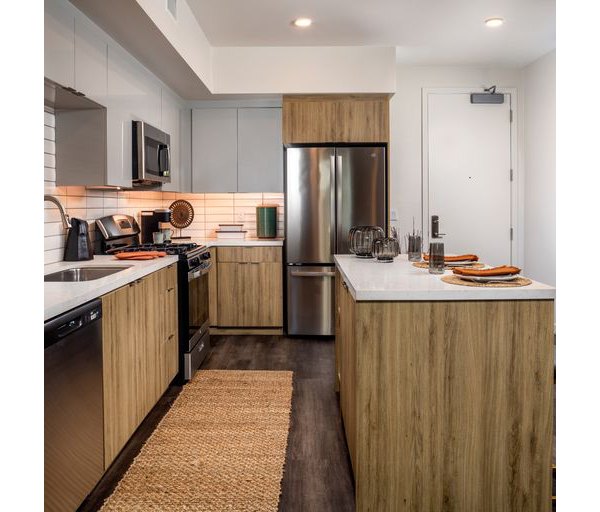 Modern kitchen featuring sleek countertops and stainless steel appliances in Paloma Apartments for luxury living