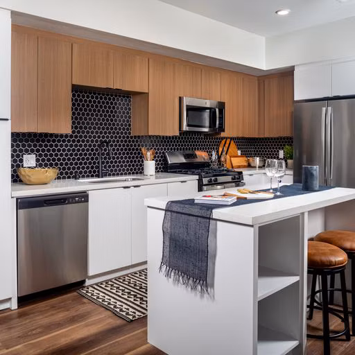Modern kitchen featuring stainless steel appliances and sleek countertops in Paloma Apartments