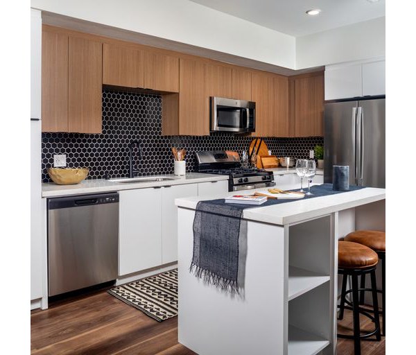 Modern kitchen featuring stainless steel appliances and sleek countertops in Paloma Apartments