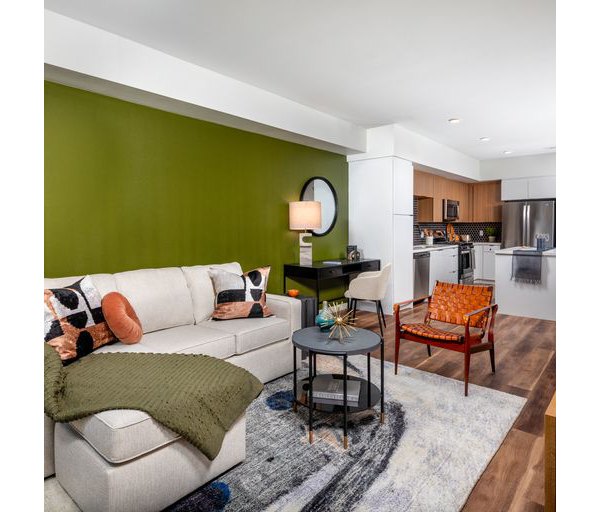 Spacious living room with modern decor at Paloma Apartments, featuring comfortable seating and large windows