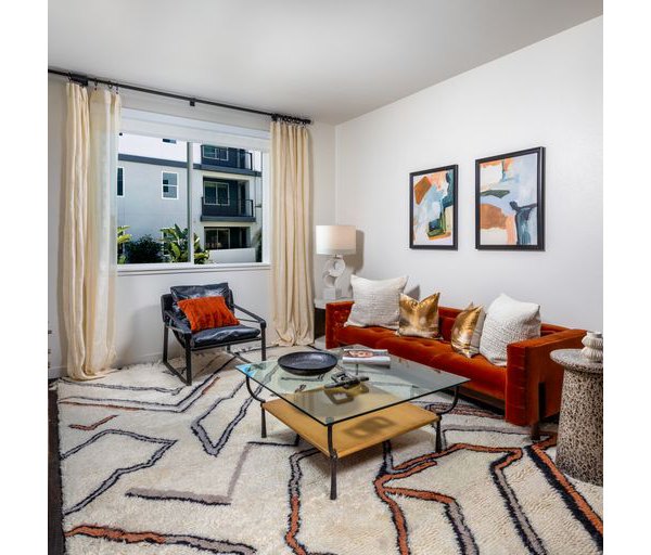 Living room with contemporary decor and large windows at Paloma Apartments, a Greystar luxury apartment community