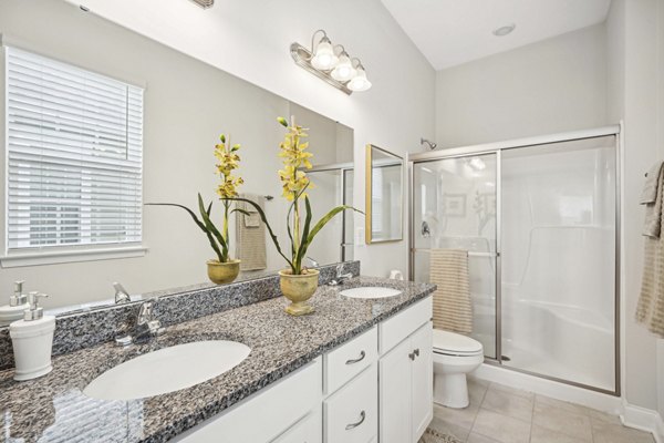 Luxurious bathroom featuring modern fixtures at Ailsa Village Apartments in the Greystar community