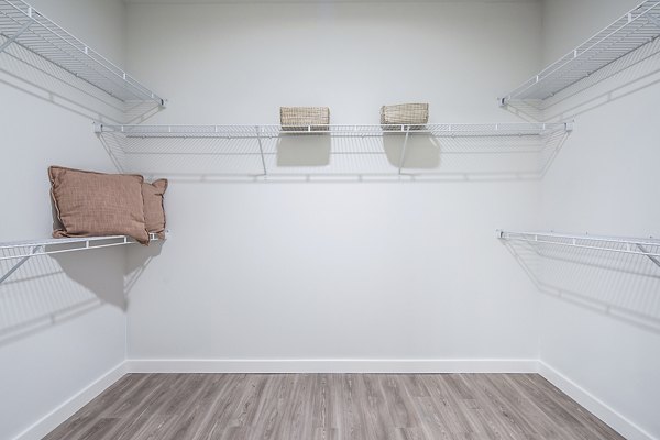 Spacious walk-in closet with wire shelving and storage baskets at luxury apartments