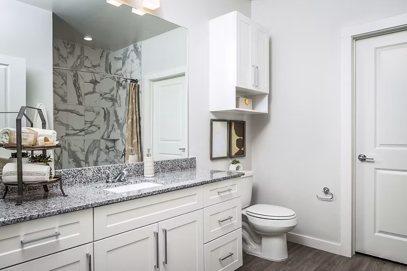 Modern bathroom featuring granite countertop and white cabinets in luxury apartment