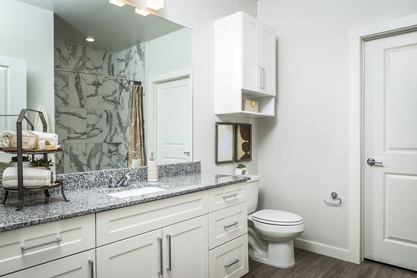 Modern bathroom featuring granite countertop and white cabinets in luxury apartment