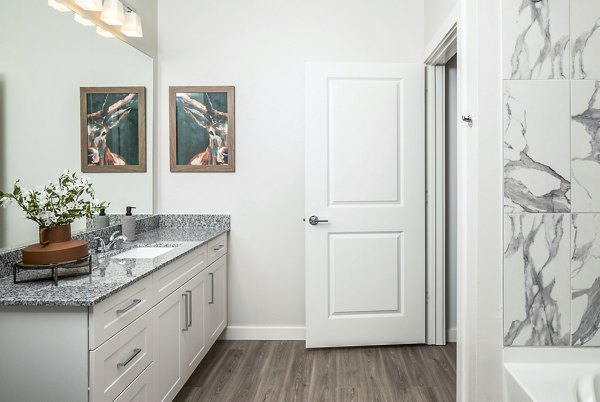 Modern bathroom featuring granite countertop and bathtub with marble tiles in luxury apartment