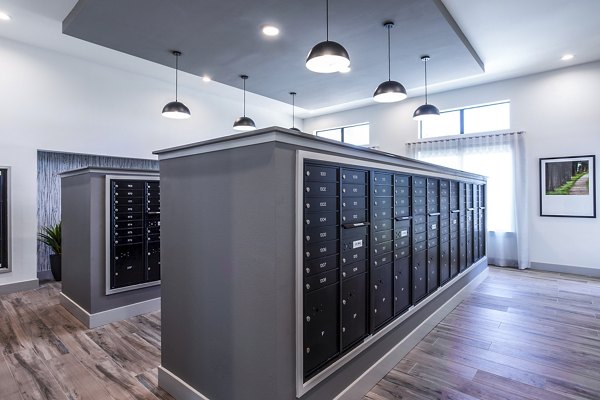 Mailbox area with organized rows of secure mailboxes in luxury apartments