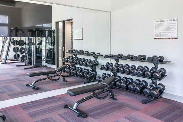 State-of-the-art fitness center with dumbbell racks and benches in luxury apartments