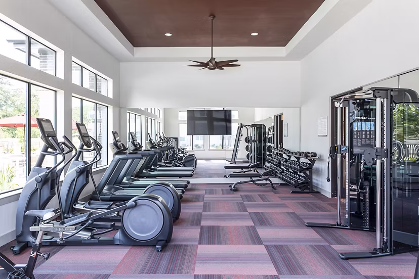 Modern gym with treadmills, ellipticals, weight machines, and free weights at luxury apartments
