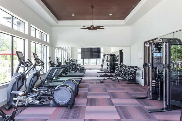 Modern gym with treadmills, ellipticals, weight machines, and free weights at luxury apartments