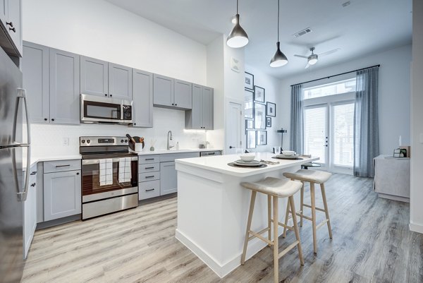 Contemporary kitchen featuring stylish cabinetry and stainless steel appliances at Prospect Apartments