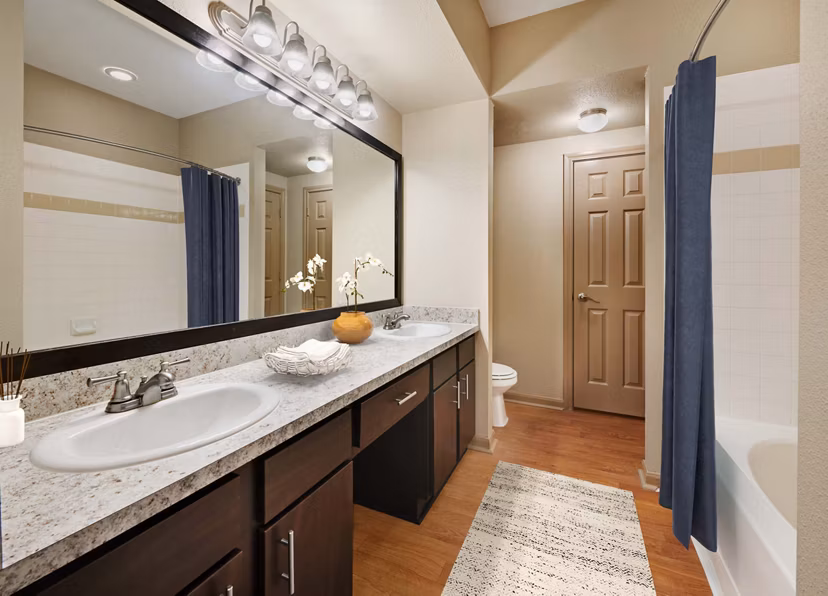 Modern bathroom with sleek fixtures at Woodland Park Apartments featuring luxury amenities