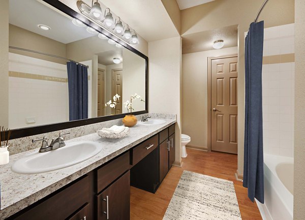 Modern bathroom with sleek fixtures at Woodland Park Apartments featuring luxury amenities