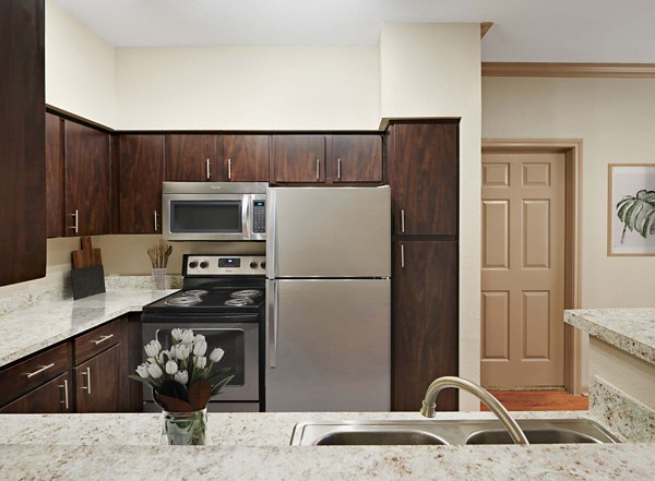 Kitchen featuring modern appliances and granite countertops in Woodland Park Apartments