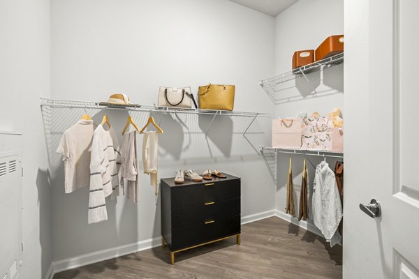 Organized bedroom closet with built-in shelving at Sanctuary at Daytona Apartments, ideal for luxury living near Daytona Beach