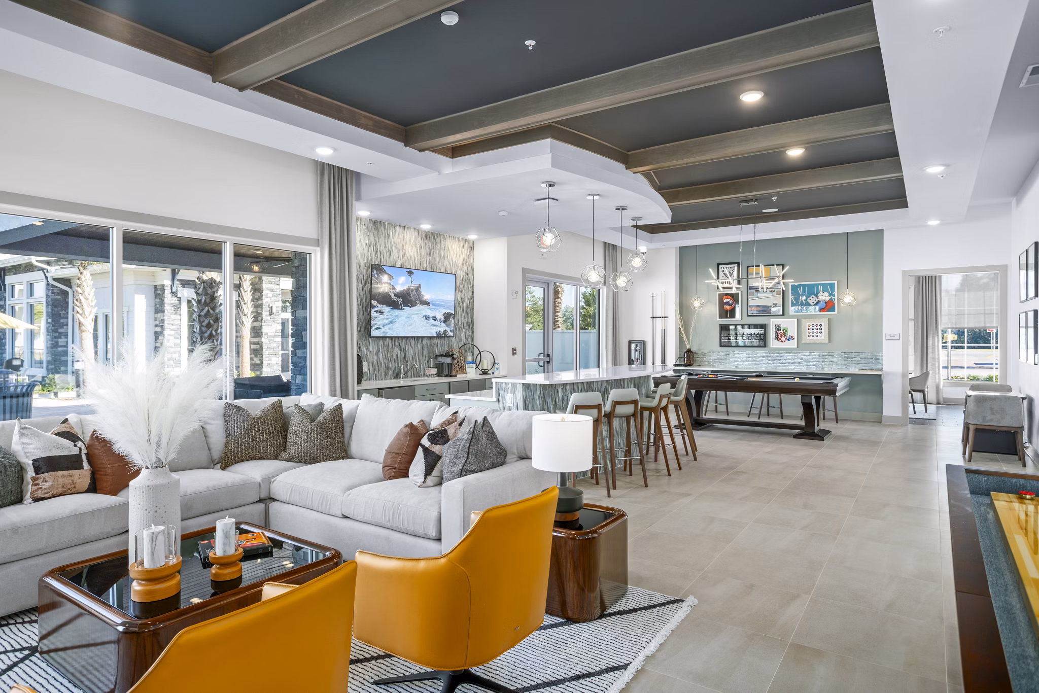 Stylish clubhouse lobby with modern decor at Sanctuary at Daytona Apartments, perfect for relaxing and socializing