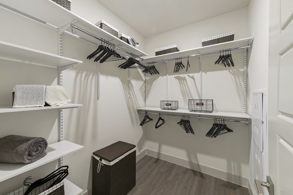 Closet space with custom shelving at The Ian Apartments