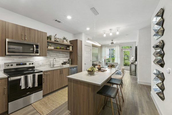 Modern kitchen with stainless steel appliances at The Ian Apartments, luxury living in the heart of the city