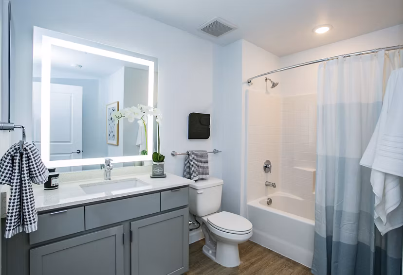 Modern bathroom with sleek fixtures at The Apex @ Meadows Apartments