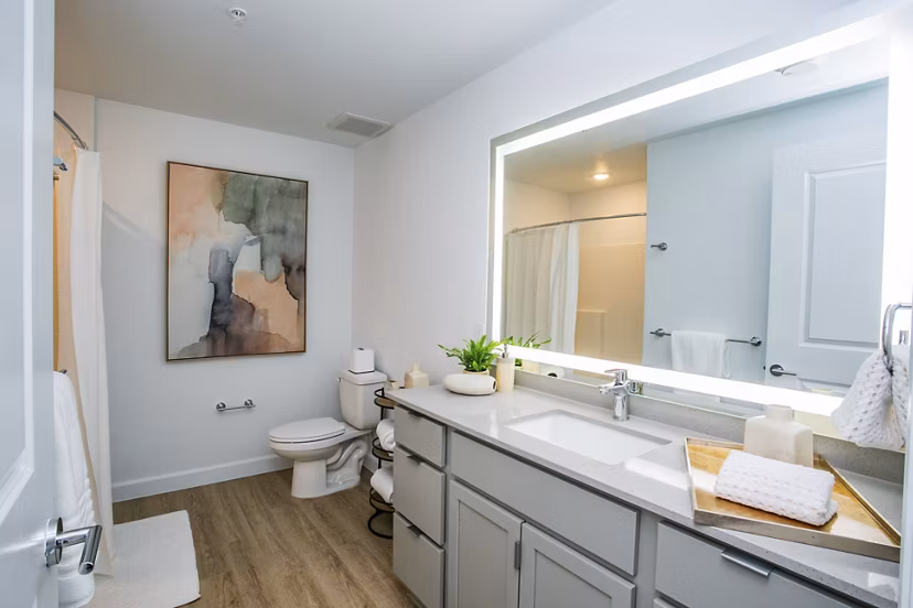 Modern bathroom featuring sleek fixtures in theApex @ Meadows Apartments