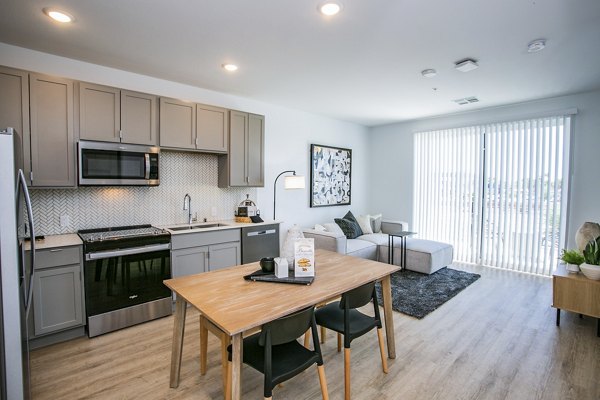 Modern kitchen with sleek countertops and stainless steel appliances at theApex @ Meadows Apartments Perfect for luxury living in comfort and style