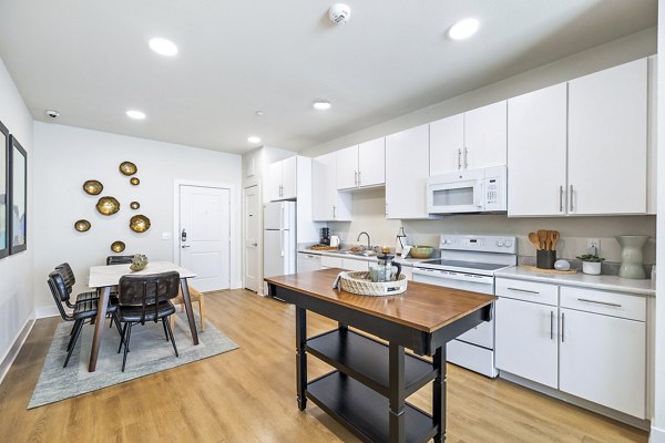 Elegant dining room and modern kitchen at Birchway Spring Cypress Apartments with sleek finishes and ample natural lighting