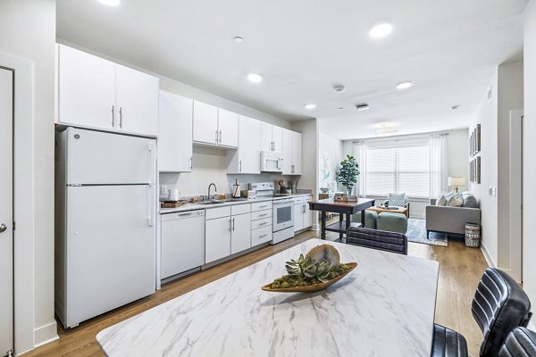 Dining room/kitchen with modern appliances and island in Birchway Spring Cypress Apartments