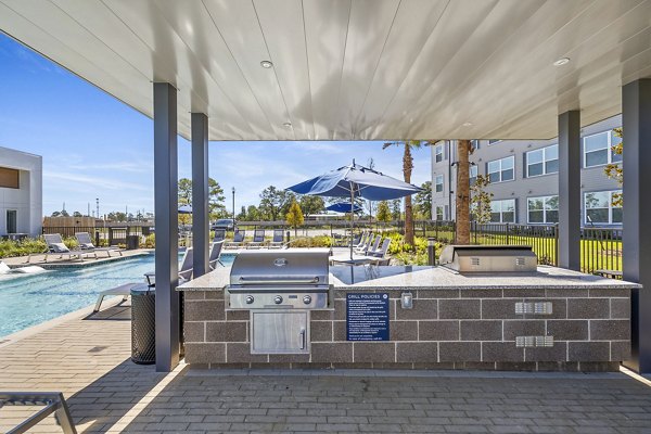 Grill and outdoor patio area at Birchway Spring Cypress Apartments, luxury living with modern amenities