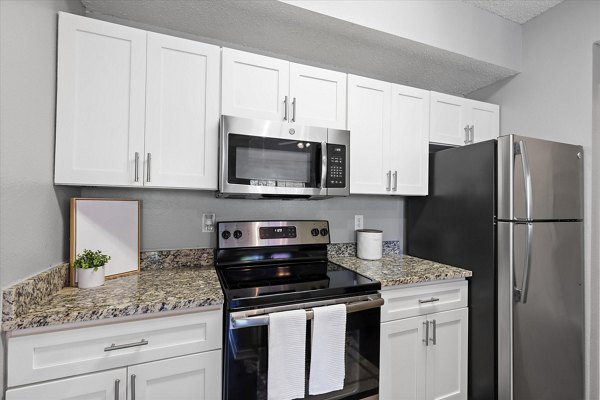 Kitchen featuring modern appliances and sleek cabinetry at Madison at Melrose Apartments