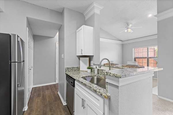 Modern kitchen with stainless steel appliances in Madison at Melrose Apartments luxury units