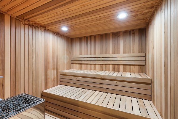 Classic sauna with wood interiors at Madison at Melrose Apartments, providing relaxation and wellness for residents