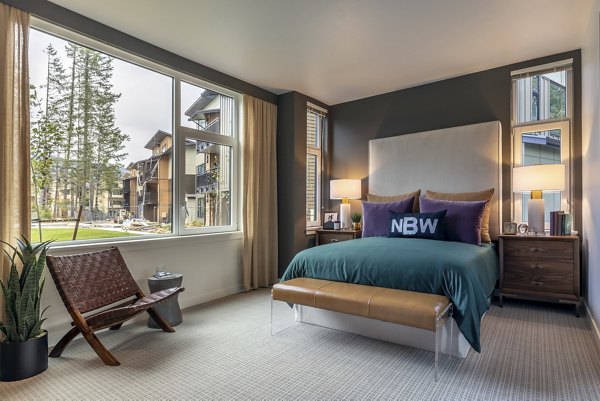 Cozy bedroom with modern decor at Traverse North Bend Apartments