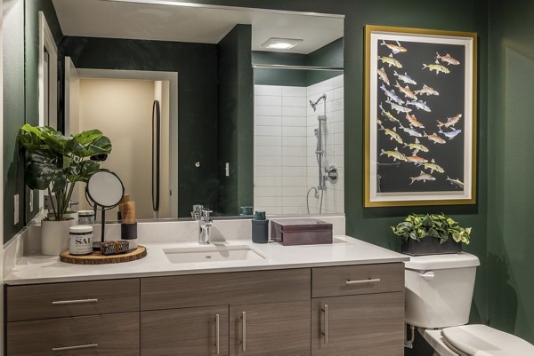 Modern bathroom with sleek finishes at Traverse North Bend Apartments