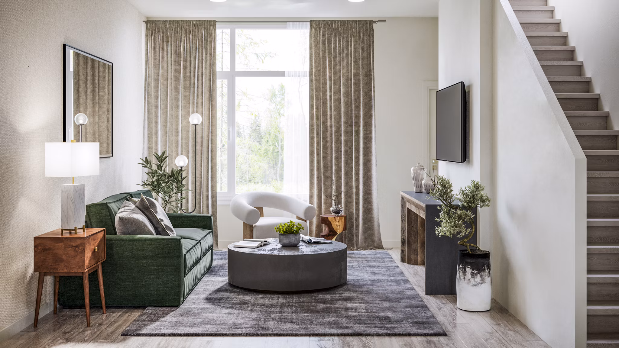 Spacious living room with modern decor at Traverse Apartments