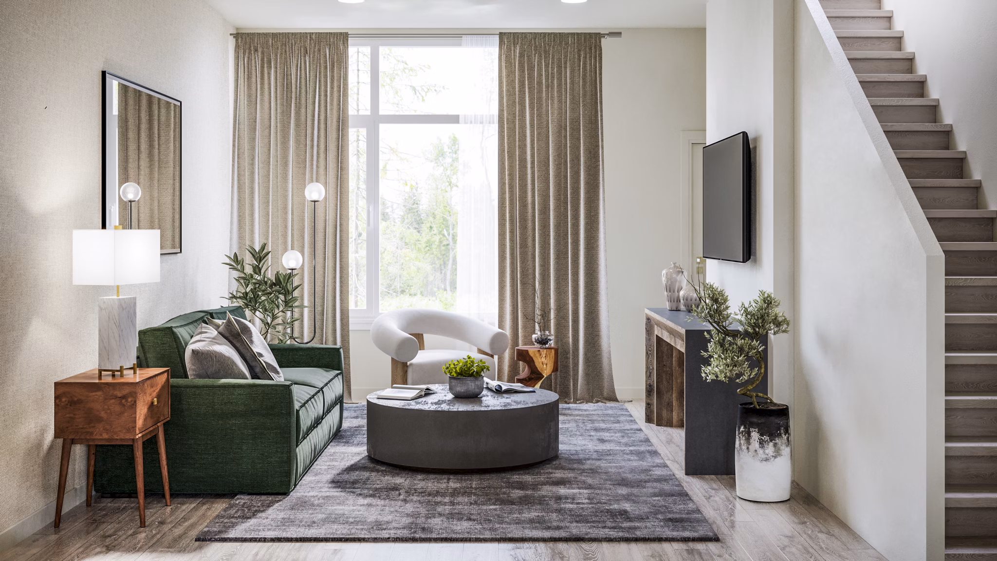 Spacious living room with modern decor at Traverse Apartments