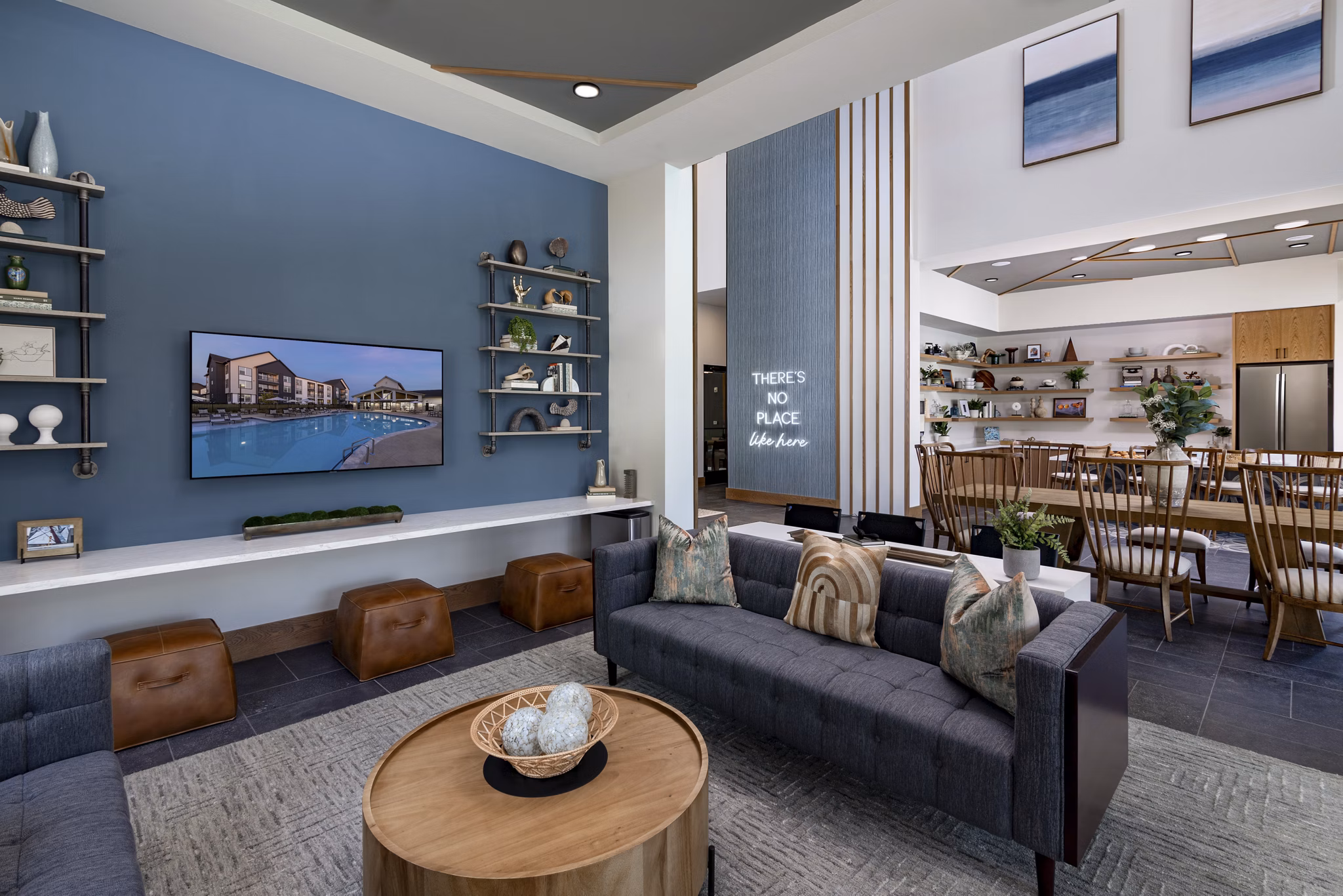 Modern clubhouse with stylish seating at Elan Brookwood Apartments, offering luxury living and social spaces