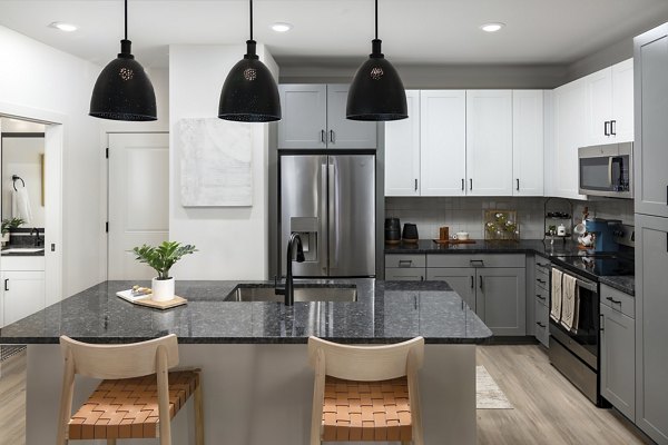 Modern kitchen with sleek countertops and stainless steel appliances at Elan Brookwood Apartments