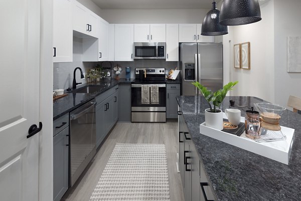Modern kitchen with sleek cabinetry and stainless steel appliances at Elan Brookwood Apartments